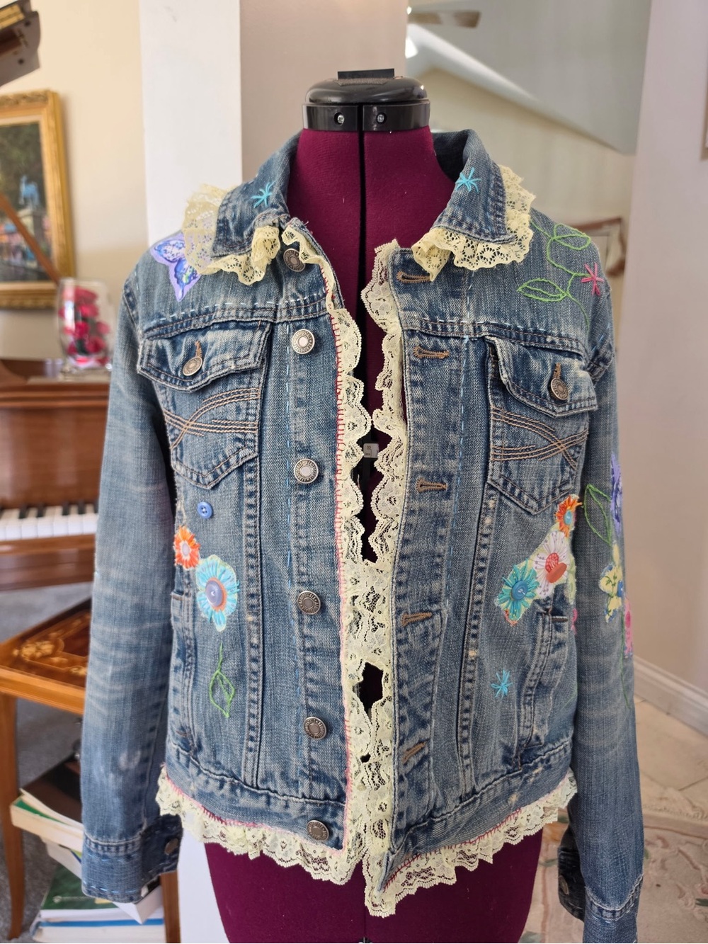 One of a Kind, Embroidered, Patchwork, Lace-Trim Denim Jacket